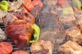 Mixed Meat And Vegetables On The Hot BBQ Grill