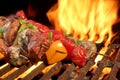 Mixed Meat And Vegetables Kebabs On Charcoal Barbeque Grill