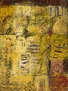 Mixed media abstract painting with text and wax