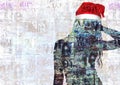 Mixed media contemporary fashion art Happy New Year and Merry Christmas collage. Beautiful girl in red Santa Claus hat Royalty Free Stock Photo