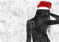 Mixed media contemporary fashion art Happy New Year and Merry Christmas collage. Beautiful girl in red Santa Claus hat Royalty Free Stock Photo