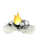 Mixed media illustration, bonfire in a stone circle, combined vector and ink sketch Royalty Free Stock Photo