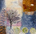 Mixed media painting with trees and leaves