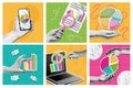 Mixed media research. Halftone data analysis and statistics collage, hands holding pie charts and reports under Royalty Free Stock Photo