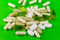 Mixed natural food supplement pills, omega 3, calcium, multivitamin and glucosamine capsules on green background. Royalty Free Stock Photo