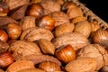 Mixed nut selection in shells. Brazil nuts, walnuts, almonds and hazelnuts