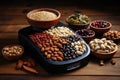 Mixed Nuts Arranged on Wooden Table. AI Generated