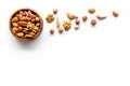 Mixed nuts in bowl - healthy snack - on white background top-down frame copy space Royalty Free Stock Photo