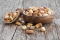 Mixed Nuts, dried fruits on wooden table, different kind of healthy food Royalty Free Stock Photo