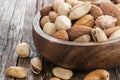 Mixed Nuts, dried fruits on wooden table, different kind of healthy food Royalty Free Stock Photo