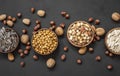 Mixed Nuts, dried fruits on wooden table, different kind of healthy food Royalty Free Stock Photo