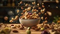 Mixed nuts falling into bowl on wooden table with blurred background.