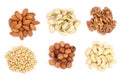 Mixed of nuts heap isolated on white background. Almonds, cashews, hazelnuts, pine nuts and walnuts. Top view. Flat lay Royalty Free Stock Photo