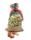 Mixed nuts in hessian bag Royalty Free Stock Photo