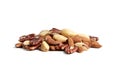 Mixed nuts isolated on white background. Almonds, Brazil nuts and peeled pecans mix. Closeup of natural nuts blend on white