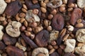 Mixed pile of raw nuts, dried figs and dried raisins Royalty Free Stock Photo