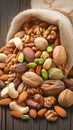 Mixed nuts scattered on gray wooden table from linen bag