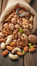 Mixed nuts scattered on gray wooden table from linen bag