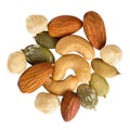 Mixed nuts and seeds isolated on white background, close up.