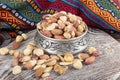 Mixed nuts. Special mixed nuts in bowl. Hazelnut, almond, cashew, pistachio, dried blueberry. Superfood. Vegetarian food concept.