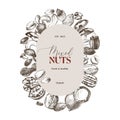 Mixed nuts vector label over hand drawn nuts sketches