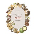 Mixed nuts vector label over hand drawn nuts sketches