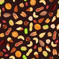 Mixed nuts vector seamless black pattern. Cartoon flat illustration. Textile print background design elements Royalty Free Stock Photo