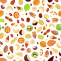 Mixed nuts vector seamless white pattern. Cartoon flat illustration. Textile print background design elements Royalty Free Stock Photo