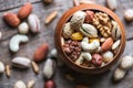 Mixed nuts in wooden bowl Royalty Free Stock Photo