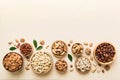 mixed nuts in wooden bowl. Mix of various nuts on colored background. pistachios, cashews, walnuts, hazelnuts, peanuts Royalty Free Stock Photo