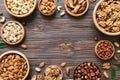 mixed nuts in wooden bowl. Mix of various nuts on colored background. pistachios, cashews, walnuts, hazelnuts, peanuts Royalty Free Stock Photo