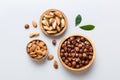 mixed nuts in wooden bowl. Mix of various nuts on colored background. pistachios, cashews, walnuts, hazelnuts, peanuts Royalty Free Stock Photo