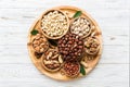 mixed nuts in wooden bowl. Mix of various nuts on colored background. pistachios, cashews, walnuts, hazelnuts, peanuts Royalty Free Stock Photo