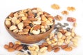 Mixed nuts in wooden bowl Royalty Free Stock Photo