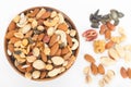 Mixed nuts in wooden bowl, top view Royalty Free Stock Photo