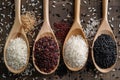 Mixed organic raw rice in wooden spoons on a wooden background Ai photo Royalty Free Stock Photo