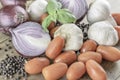 Mixed organic vegetables placed on rustic wooden table Royalty Free Stock Photo