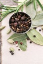 Mixed pepper corns and rosemary Rosmarinus officinalis Royalty Free Stock Photo