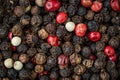 Mixed peppercorns background. Different colored peppercorns