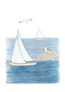 A mixed picture with a tiny cute sailing-ships in a mid-sea and sandy rock with a black-headed gull and gull in the sky