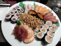 Mixed sushi `boat` at japanese restaurant Royalty Free Stock Photo