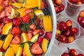Mixed punch with fruits in metal bowl