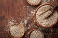 Mixed quinoa in bowl on wooden kitchen table top view. Healthy and diet superfood product Royalty Free Stock Photo