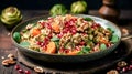 Mixed quinoa porridge, pomegranate seeds and vegetables, generative AI. Royalty Free Stock Photo