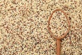 Mixed quinoa seeds with spoon as background, top view