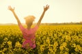Female Woman Athlete Runner Celebrating In Yellow Flowers Royalty Free Stock Photo