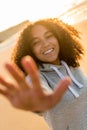 Mixed Race African American Girl Teenager Smiling Sunset Beach