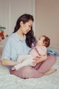 Mixed race Asian mother holding touching embracing her cute adorable newborn infant baby Royalty Free Stock Photo