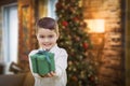 Mixed Race Boy with Christmas Tree Handing Gift Out Front Royalty Free Stock Photo