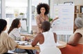 Mixed race businesswoman with afro using whiteboard for staff training in office workshop. Hispanic professional Royalty Free Stock Photo